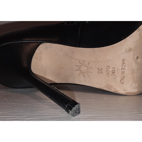 Marchesa Black Leather Laser Cut Lace Scalloped Ankle Strap Heels EU 35 5 US - Picture 8 of 11